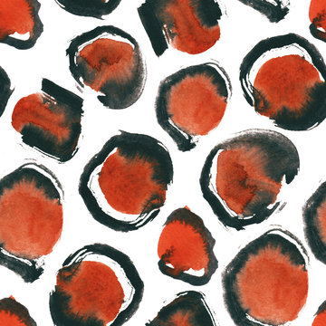 Fototapeta Seamless pattern of watercolor paint leopard spotes against white background. 