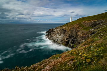 Trevose Head lighthouse in Cornwall England, seascape, landscape long exposure