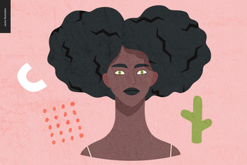 Beautiful people portrait - hand drawn flat style vector design concept illustration of a young black woman with afro hair, face and shoulders avatar with texture. Flat style vector icon