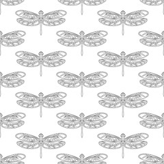 Seamless pattern with openwork dragonflies. Vector illustration. Isolated colorful elements on a white background. Creative idea for designs backdrops, cards, textiles, prints, packings, wallpapers.