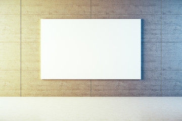 Modern concrete interior with blank billboard on wall.