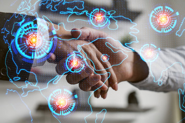Double exposure of people handshake background and world map hologram. Inernational connection.