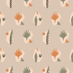 Abstract seamless pattern with plants, vases and graphic elements. Trendy graphic design for banner, poster, card, invitation, wrapping paper or textile