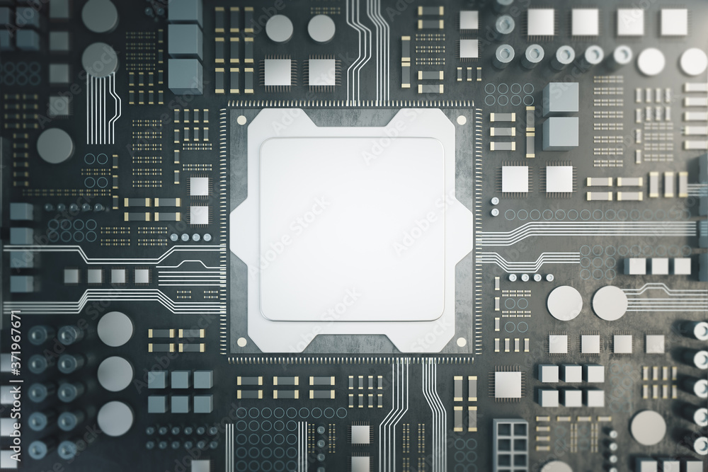 Poster top view of cpu on a motherboard.