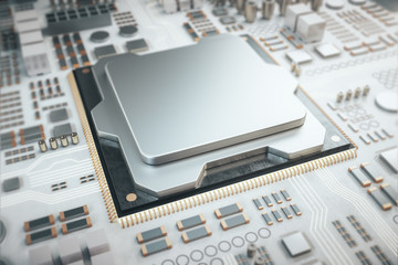 Abstract empty circuit chip on gray motherboard.