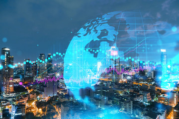 Night time view cityscape of Bangkok city background with financial graph. Success and finance concept. Multiexposure