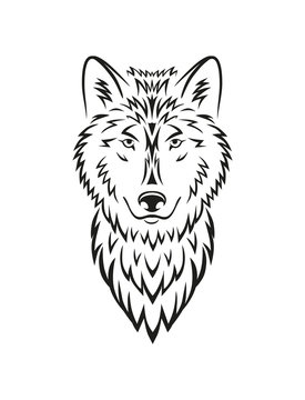 Beautiful wolf head black line tattoo vector illustration. Wild wolf symbol for print isolated on white