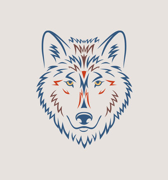 Beautiful wolf head colorful illustration on beige background. Wolf tattoo or print design. - Vector