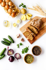 Food background. Dinner table with fresh homemade food. Top view