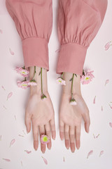 Beauty hands woman with pink flowers are on the table. Natural cosmetic for hand skin care. Perfect nails