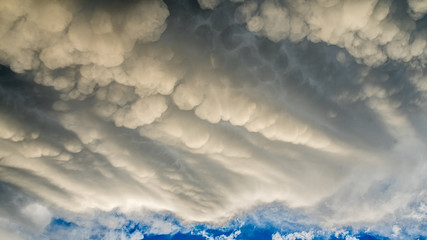 chmury burzowe Mammatus
Te dziwne chmury znane też jako zjawisko mamma. U podstawy w dolnej części chmury tworzą się efektowne wypukłości. - obrazy, fototapety, plakaty