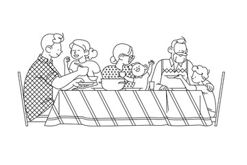 Family at the table portrait. Happy parents, grandparents and children having dinner together, chatting, hug each other  isolated on white background. Outline vector illustration. Line art.