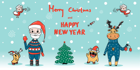 Christmas card with cute characters Santa Claus, reindeer, angels on a background of snowflakes and Christmas tree.hand-drawn vector illustration in cartoon style.happy new year 2021 and Christmas
