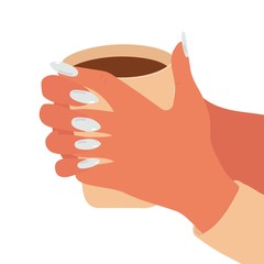 Hand drawn cartoon hands holds a cup of hot drink. Female hands with manicure. Close up vector illustration isolated on white background