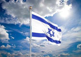 Realistic flag.3D illustration. Colored waving flag of Israel on sunny blue sky background.