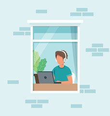 Stay home concept. Man working at home. Social isolation during epidemic. Cute illustration in flat style