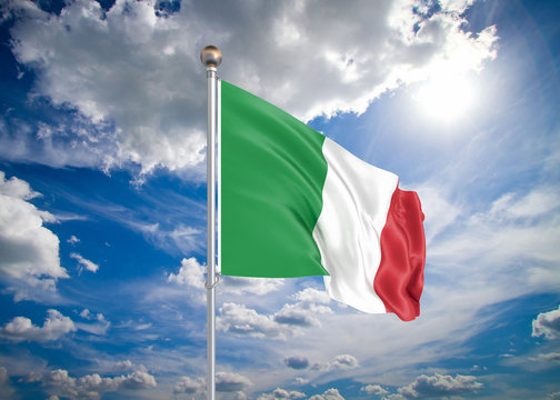 Realistic flag. 3D illustration. Colored waving flag of Italy on sunny blue sky background.