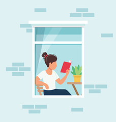 Stay home concept. Woman reading a book in the window. Social isolation during epidemic. Cute illustration in flat style