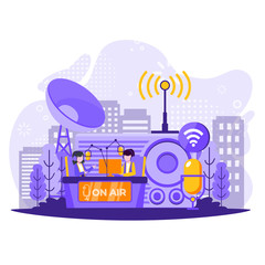 Podcast concept flat illustration. Radio host interviewing guests on radio station. Podcast in studio flat vector illustration. Podcasting, broadcasting, online radio concept. Vector illustration