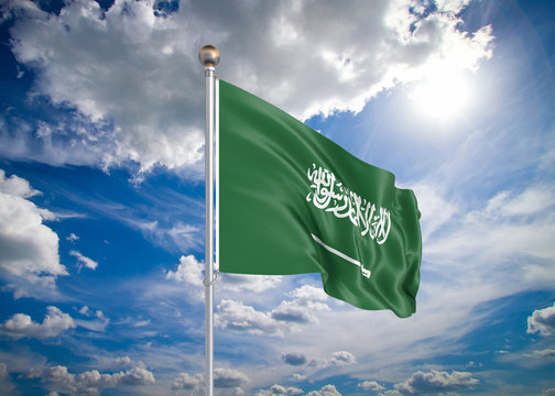 Realistic flag. 3D illustration. Colored waving flag of Saudi Arabia on sunny blue sky background.