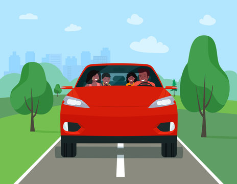 African Family Driving In Modern Electric Car On Weekend Holiday. Vector Flat Illustration