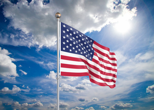 Realistic flag.3D illustration. Colored waving flag of United States of America on sunny blue sky background