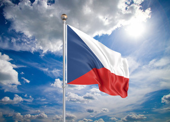 Realistic flag. 3D illustration. Colored waving flag of Czech Republic on sunny blue sky background.