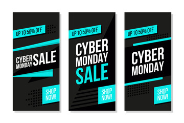 Cyber Monday promotional flyers set. Commercial signs for cyber monday sale, online business, discount shopping, promotion and advertising. Vector illustration.