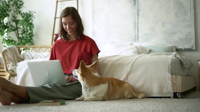 woman freelancer sit on floor and work type at laptop with corgi Avki. female browsing internet online and looking at happy dog. concept friend, business, bedroom. hipster teen girl with pet