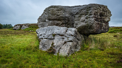 The Auld Wives Lifts near Baldernock, The Auld Wives Lift are a mysterious collection of rocks and capstone on the remote moorland covered in rock carvings and victorian graffiti