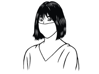 マスクを着けた女性看護師の線画イラスト / Masked female nurse line illustration