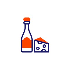 Wine and cheese line icon. linear style sign for mobile concept and web design. Wine bottle and cheese piece outline vector icon. Symbol, logo illustration. Vector graphics