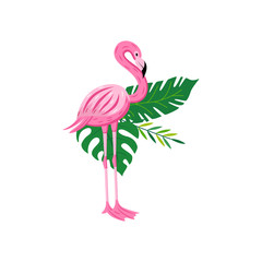 Exotic pink flamingo bird on leaves flat cartoon vector illustration isolated.
