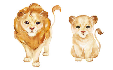 Watercolor illustration tropical animal portrait. Exotic kids summer print for party. Cute poster with leo