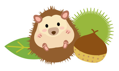 秋に実った栗とかわいいハリネズミ