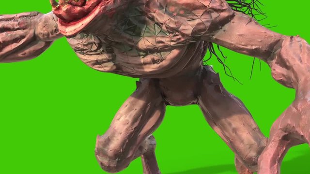 Mane Monster Long Fangs Attaks Green Screen 3D Rendering Animation