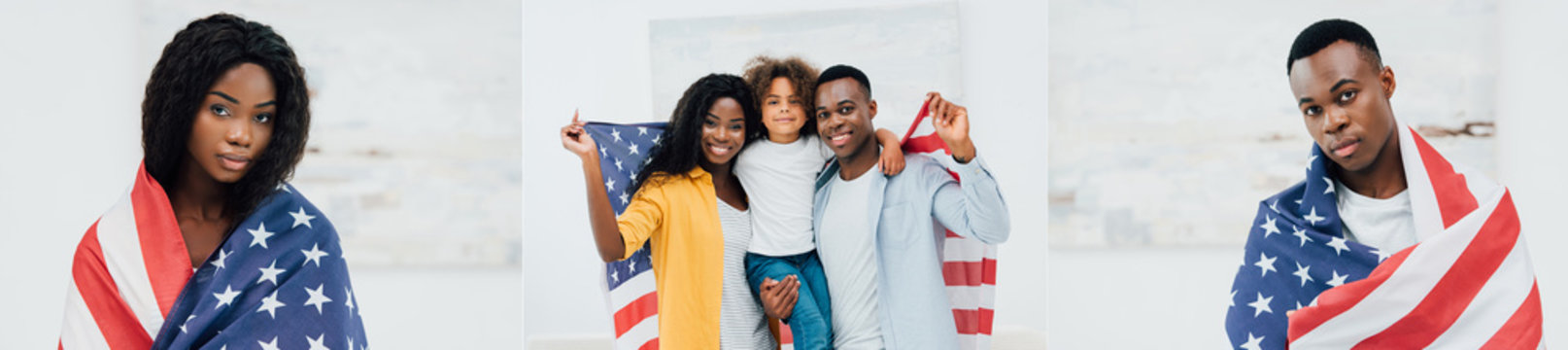 collage of african american family holding flag of america