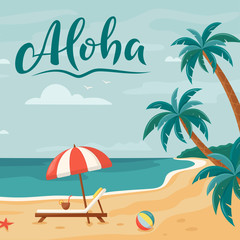 Vector background with palm trees, beach lounger and umbrella. Summer beach. Seaside landscape, tropical beach relax. Aloha. Paradise nature vacation. Seaside landscape, tropical beach relax