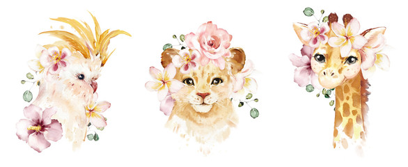 .Watercolor illustration tropical animal portrait. Exotic kids summer print for party. Cute poster with parrot, leo, giraffe © lisima