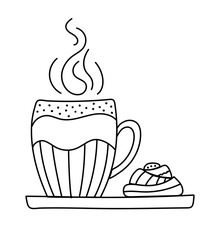 Cute mug with cinnamon bun. Vector illustration doodle style. Hand drawn mug with hot drink. Isolated on white background. For cafe, restaurant, kitchen interior.