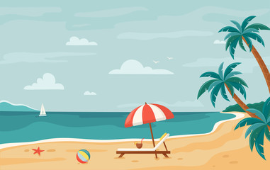 Fototapeta na wymiar Vector beach background. Tropical seashore with palm trees and yacht. Horizontal background. Summer beach. Beach lounger and umbrella on the sand coast. Seaside landscape, tropical beach relax