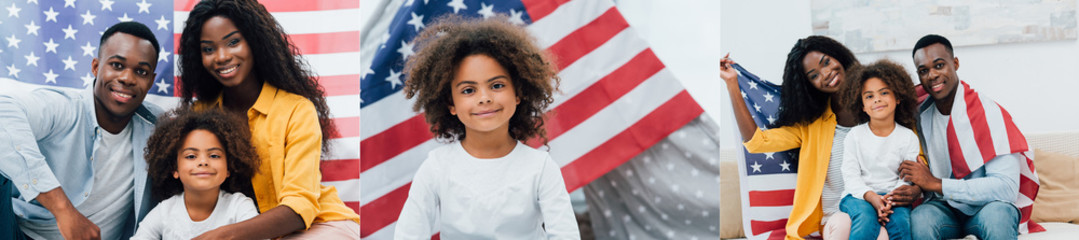 collage of african american family sitting near flag of america and looking at camera