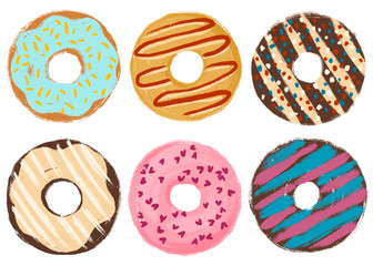 Six donuts with colourful glaze and sprinkles. Clip art set isolated on white