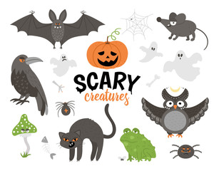 Set of vector scary creatures. Halloween characters icons collection. Cute autumn all saints eve illustration with bat, pumpkin, black cat, owl, toad, ghost. Samhain party sign design. .