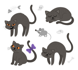 Set of cute vector black cats and mouse. Halloween characters icons collection. Funny autumn all saints eve illustration with scary animals, sculls, bones. Samhain party sign design for kids. .