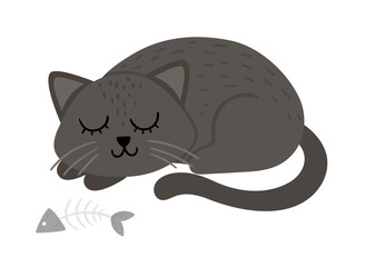 Cute vector sleeping black cat. Halloween character icon. Funny autumn all saints eve illustration with scary animal, sculls, bones. Samhain party sign design for kids. .