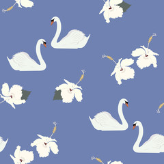 Seamless vector illustration with hibiscus flowers and swan