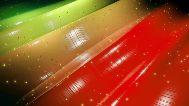 Abstract 3D festive background like surface of sweetness with beautiful waves run on shiny, glossy surface with glow glitter, glow sparkles, bright red yellow green color gradient. 4k loop animation