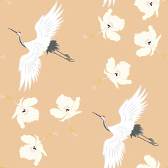 Seamless vector illustration with birds cranes and hibiscus flowers