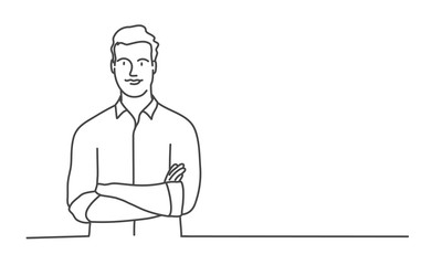 Line drawing vector illustration of young man with crossed arms.